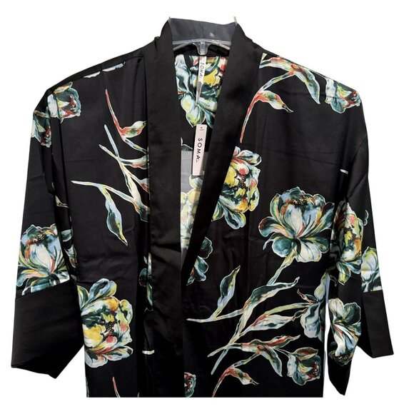 SOMA Satin Kimono Robe Impressions Floral Black Midi Wide Flowy Sleeves Sz S/M - Picture 5 of 11